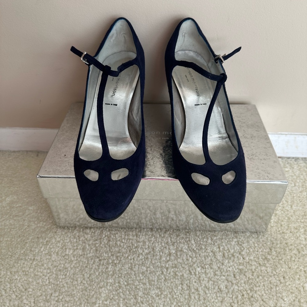 Sigerson Morrison Women's Navy Suede T-Strap Kitten Heels
